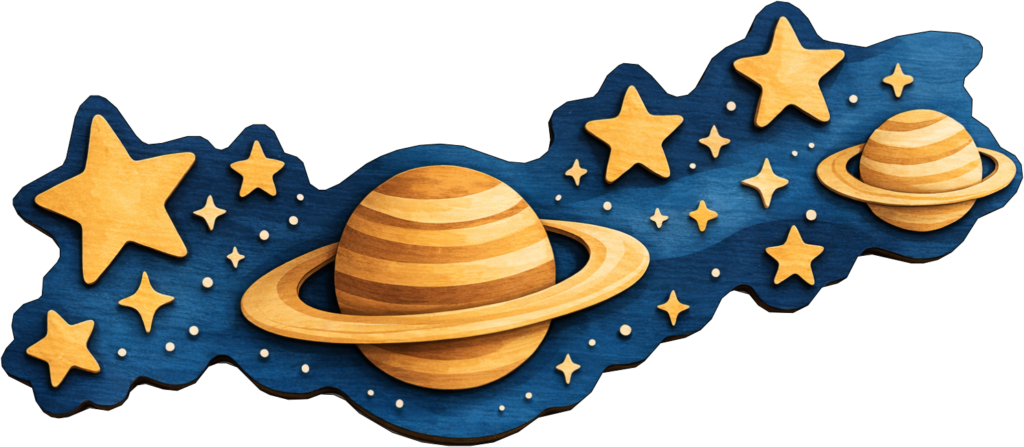 Holzschnitt-Raumfahrt mit Planeten und Sternen transparent