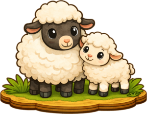 Schaf und Lamm auf Gras