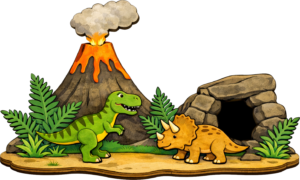 Dinos verstecken sich vor dem Vulkanausbruch